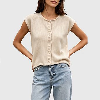 Womens Cap Sleeve Sweater Vest Lightweight Casual Knit Tank Tops Trendy Crew Neck Button Cardigans
