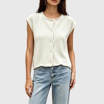 Womens Cap Sleeve Sweater Vest Lightweight Casual Knit Tank Tops Trendy Crew Neck Button Cardigans