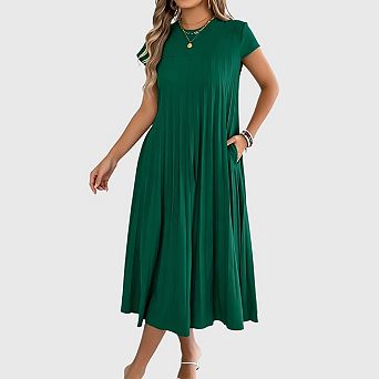 Women Summer Pleated Maxi Dress Casual Short Sleeve Crewneck Flowy Swing Long Dress with Pockets