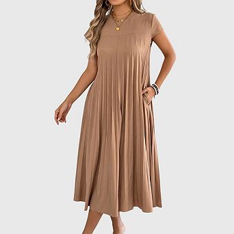 Women Summer Pleated Maxi Dress Casual Short Sleeve Crewneck Flowy Swing Long Dress with Pockets