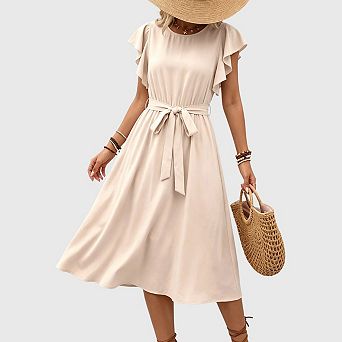 Women's Summer Midi Dress Casual Boho Crew Neck Flutter Sleeve Party Beach Dresses