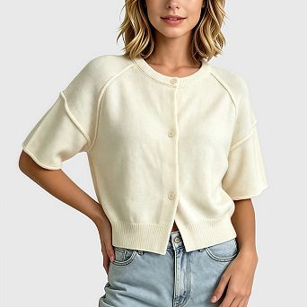 Cropped Cardigans for Women Crew Neck Short Sleeve Button Up Lightweight Knit Knitwear