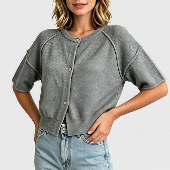Cropped Cardigans for Women Crew Neck Short Sleeve Button Up Lightweight Knit Knitwear