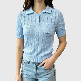 Women's Cable Cropped Sweaters Lapel V Neck Short Sleeve Knit Casual Pullover Shirt Tops