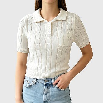 Women's Cable Cropped Sweaters Lapel V Neck Short Sleeve Knit Casual Pullover Shirt Tops