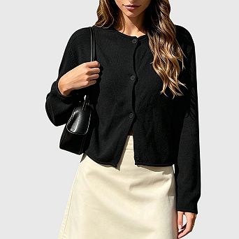 Womens Button Up Cardigan Sweaters Long Sleeve Crew Neck Fall Soft Lightweight Knit Tops