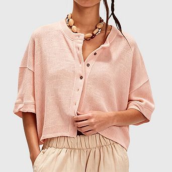 Womens Loose Fit Cropped Tee Summer Button Down Drop Shoulder Short Sleeve Y2K Cardigan Tops
