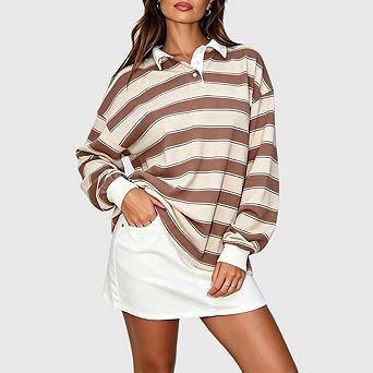 Women Long Sleeve Striped Polo Shirt Oversized Collar Y2k Rugby Sweatshirt Casual Pullover T Shirt
