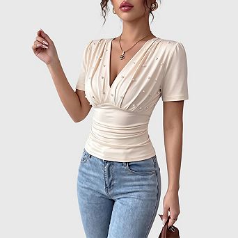 Women's V Neck T Shirts Faux Pearl Dressy Tops Ruched Cinched Waist Tops