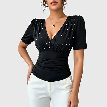 Women's V Neck T Shirts Faux Pearl Dressy Tops Ruched Cinched Waist Tops