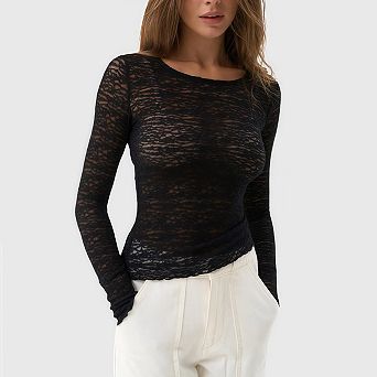 Women Mesh Long Sleeve T Shirts Crew Neck Slim Fit Y2k Night Out Dressy Going Out Shirt Tops