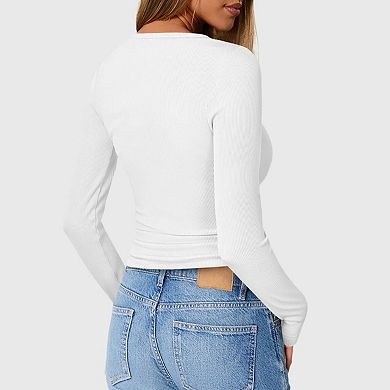 Women's Fall Long Sleeve Henley T Shirts Casual Button Ribbed Knit Slim Fit Basic Tops Outfits