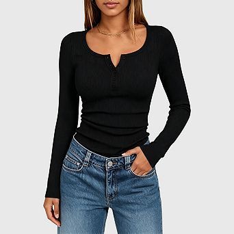 Women's Fall Long Sleeve Henley T Shirts Casual Button Ribbed Knit Slim Fit Basic Tops Outfits
