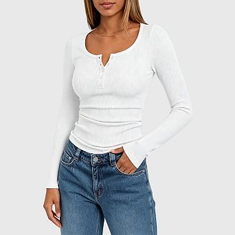 Women's Fall Long Sleeve Henley T Shirts Casual Button Ribbed Knit Slim Fit Basic Tops Outfits