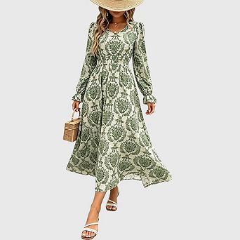 Women's Fall Long Sleeve Boho Floral Maxi Dress V Neck Empire Waist A Line Dress