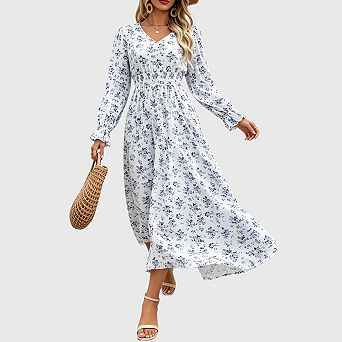 Women's Fall Long Sleeve Boho Floral Maxi Dress V Neck Empire Waist A Line Dress