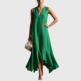 Women's Boho Maxi Dress V Neck Sleeveless Ruffle Flowy Loose Long Dresses
