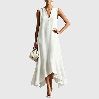 Women's Boho Maxi Dress V Neck Sleeveless Ruffle Flowy Loose Long Dresses