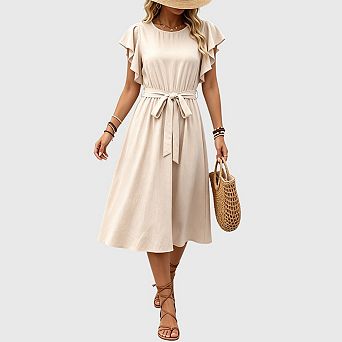 Women's Summer Midi Dress Casual Boho Crew Neck Flutter Sleeve Party Beach Dresses
