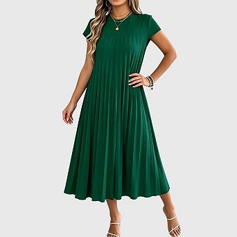 Women Summer Pleated Maxi Dress Casual Short Sleeve Crewneck Flowy Swing Long Dress with Pockets