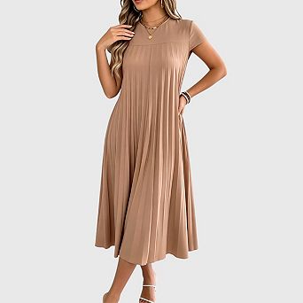 Women Summer Pleated Maxi Dress Casual Short Sleeve Crewneck Flowy Swing Long Dress with Pockets