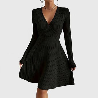 Womens Fall Casual Sweater Dress Wrap V Neck Long Sleeve Baby Doll Fashion Dresses