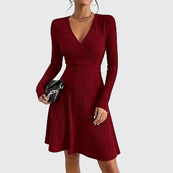 Womens Fall Casual Sweater Dress Wrap V Neck Long Sleeve Baby Doll Fashion Dresses