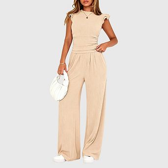 2 pc Matching Lounge Set Summer Womens Side Ruching Top Wide Leg Pants Sets with Pockets
