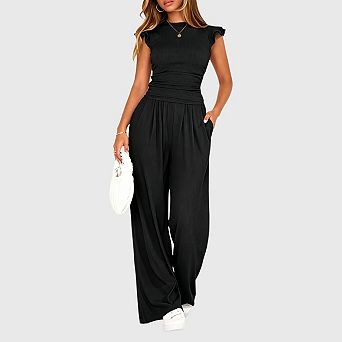 2 pc Matching Lounge Set Summer Womens Side Ruching Top Wide Leg Pants Sets with Pockets