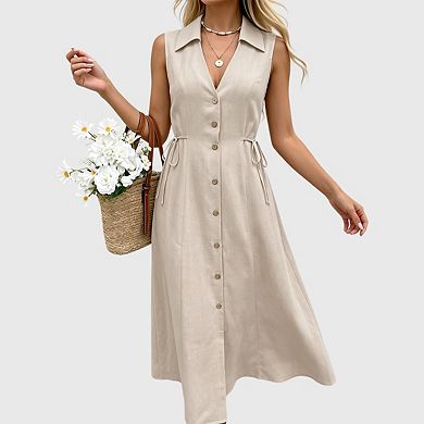 Women's Collared Shirt Dress V Neck Sleeveless Button Down Midi Dress