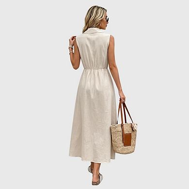 Women's Collared Shirt Dress V Neck Sleeveless Button Down Midi Dress