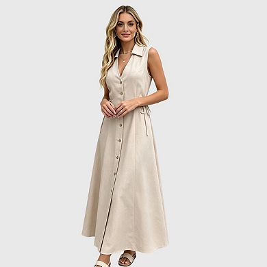 Women's Collared Shirt Dress V Neck Sleeveless Button Down Midi Dress