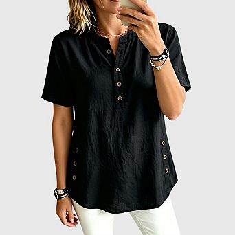 Women's Casual Work Henley Shirt Button Down Short Sleeve Blouse Tops