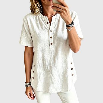 Women's Casual Work Henley Shirt Button Down Short Sleeve Blouse Tops