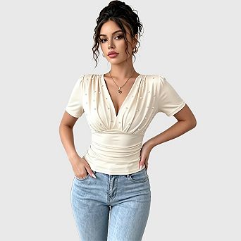 Women's V Neck T Shirts Faux Pearl Dressy Tops Ruched Cinched Waist Tops