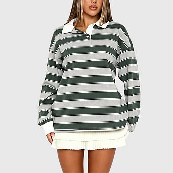 Women Long Sleeve Striped Polo Shirt Oversized Collar Y2k Rugby Sweatshirt Casual Pullover T Shirt
