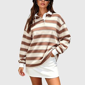 Women Long Sleeve Striped Polo Shirt Oversized Collar Y2k Rugby Sweatshirt Casual Pullover T Shirt