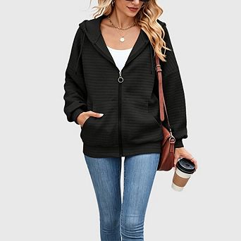 Womens Zip Up Hoodies Oversized Sweatshirt Fall Fashion Outfits Casual Waffle Hooded Jackets