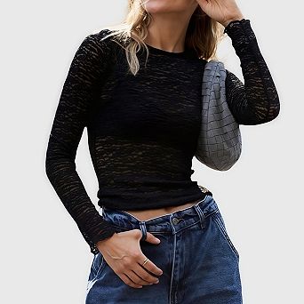 Women Mesh Long Sleeve T Shirts Crew Neck Slim Fit Y2k Night Out Dressy Going Out Shirt Tops