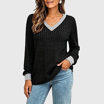 Womens V Neck Long Sleeve Sweater Fall Fashion Dressy Casual Tunic Tops Trendy Work Shirt Outfits