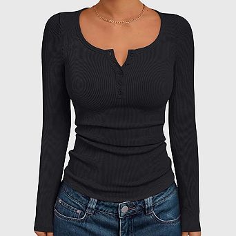 Women's Fall Long Sleeve Henley T Shirts Casual Button Ribbed Knit Slim Fit Basic Tops Outfits