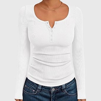 Women's Fall Long Sleeve Henley T Shirts Casual Button Ribbed Knit Slim Fit Basic Tops Outfits