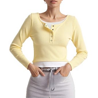 Women's Long Sleeve Henley t Shirts Button Down Slim Fit Tops Scoop Neck Ribbed Knit Blouses