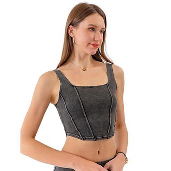 Women Square Neck Denim Crop Tank Top Seamed Sleeveless Slim Cropped Jean Vest