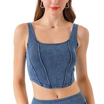 Women Square Neck Denim Crop Tank Top Seamed Sleeveless Slim Cropped Jean Vest