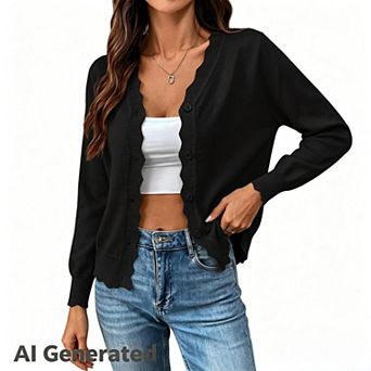 Womens Button Long Sleeve Solid Lightweight Casual Tops Crew Neck Soft Knit Cardigan Sweater