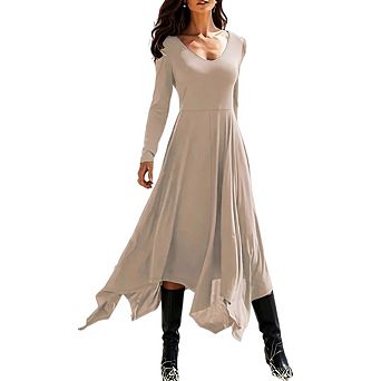 Women's Long Sleeve Elegant Deep V Neck Flowy Swing Hem A Line Midi Dress