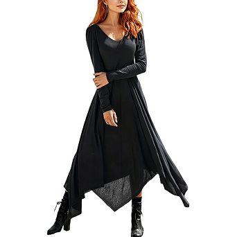 Women's Long Sleeve Elegant Deep V Neck Flowy Swing Hem A Line Midi Dress