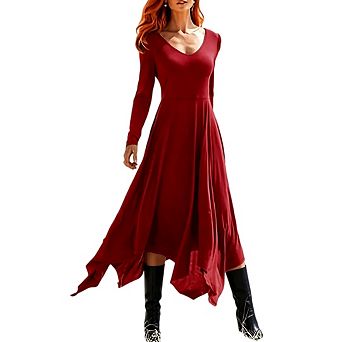 Women's Long Sleeve Elegant Deep V Neck Flowy Swing Hem A Line Midi Dress