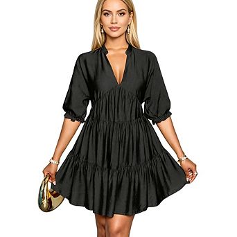 Women Deep V Neck Short Sleeve Solid Color Pleated Mini Dresses